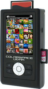 Sanho's HyperDrive COLORSPACE UDMA image storage device. Courtesy of Sanho, with modifications by Michael R. Tomkins. Click for a bigger picture!