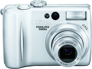 Nikon's Coolpix 5900 digital camera. Courtesy of Nikon, with modifications by Michael R. Tomkins. Click for a bigger picture!