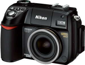 Nikon's Coolpix 8400 digital camera. Courtesy of Nikon, with modifications by Michael R. Tomkins. Click for a bigger picture!