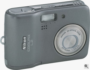 Nikon's Coolpix L2 digital camera. Courtesy of Nikon, with modifications by Michael R. Tomkins. Click for a bigger picture!