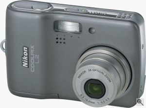 Nikon's Coolpix L2 digital camera. Courtesy of Nikon, with modifications by Michael R. Tomkins. Click for a bigger picture!