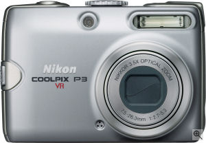 Nikon's Coolpix P3 digital camera. Courtesy of Nikon, with modifications by Michael R. Tomkins. Click for a bigger picture!