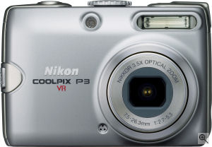 Nikon's Coolpix P3 digital camera. Courtesy of Nikon, with modifications by Michael R. Tomkins. Click for a bigger picture!