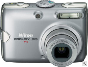 Nikon's Coolpix P3 digital camera. Courtesy of Nikon, with modifications by Michael R. Tomkins. Click for a bigger picture!