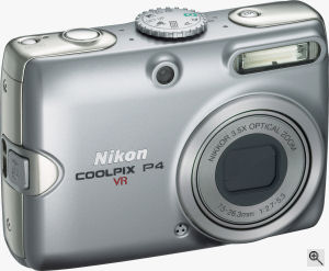Nikon's Coolpix P4 digital camera. Courtesy of Nikon, with modifications by Michael R. Tomkins. Click for a bigger picture!