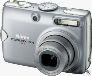Nikon's Coolpix P4 digital camera. Courtesy of Nikon, with modifications by Michael R. Tomkins. Click for a bigger picture!