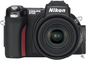 Nikon's Coolpix 8700 digital camera. Courtesy of Nikon, with modifications by Michael R. Tomkins. Click for a bigger picture!