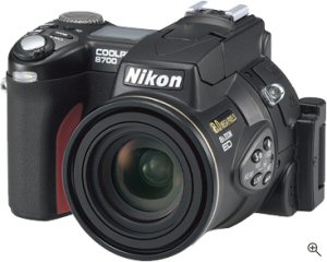 Nikon's Coolpix 8700 digital camera. Courtesy of Nikon, with modifications by Michael R. Tomkins. Click for a bigger picture!