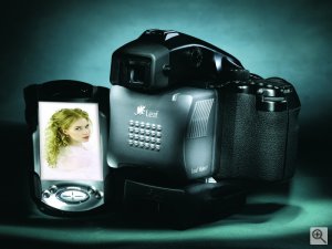 Creo's Leaf Valeo digital camera back for Contax 645 AF. Courtesy of Creo Inc., with modifications by Michael R. Tomkins. Click for a bigger picture!