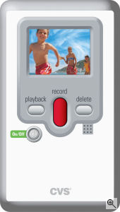 CVS' one-time use digital video camcorder. Courtesy of CVS, with modifications by Michael R. Tomkins. Click for a bigger picture!