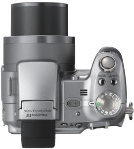 Sony's Cyber-shot DSC-H1 digital camera. Courtesy of Sony, with modifications by Michael R. Tomkins. Click for a bigger picture!