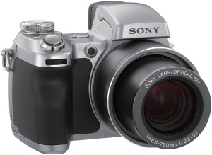 Sony's Cyber-shot DSC-H1 digital camera. Courtesy of Sony, with modifications by Michael R. Tomkins. Click for a bigger picture!