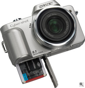 Sony's Cyber-shot DSC-H3 digital camera. Courtesy of Sony, with modifications by Michael R. Tomkins. Click for a bigger picture!