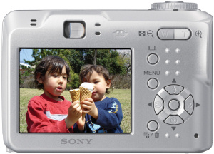 Sony's Cyber-shot DSC-S90 digital camera. Courtesy of Sony, with modifications by Michael R. Tomkins. Click for a bigger picture!