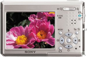 Sony Cyber-shot DSC-T1 digital camera. Courtesy of Sony, with modifications by Michael R. Tomkins. Click for a bigger picture!