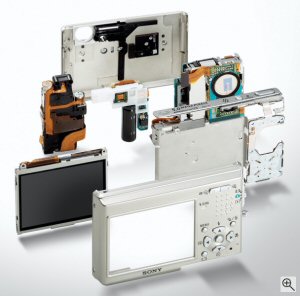 Sony Cyber-shot DSC-T1 digital camera. Courtesy of Sony, with modifications by Michael R. Tomkins. Click for a bigger picture!