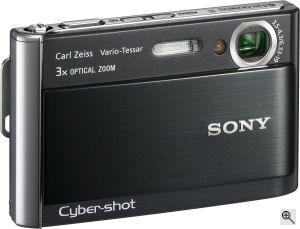 Sony's Cyber-shot DSC-T200 digital camera. Courtesy of Sony, with modifications by Michael R. Tomkins. Click for a bigger picture!