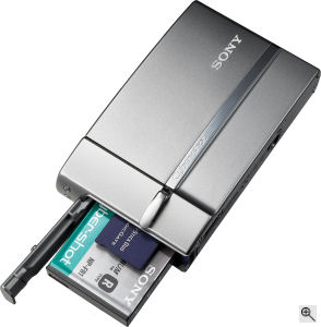 Sony's Cyber-shot DSC-T50 digital camera. Courtesy of Sony, with modifications by Michael R. Tomkins. Click for a bigger picture!