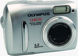 Olympus' Camedia D-535 Zoom digital camera. Courtesy of Olympus, with modifications by Michael R. Tomkins. Click for a bigger picture!