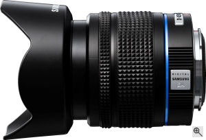 Samsung's Schneider-Kreuznach D-XENON 18-55mm zoom lens. Courtesy of Samsung, with modifications by Michael R. Tomkins. Click for a bigger picture!