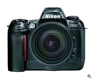 Nikon's D100 digital camera. Courtesy of Nikon Inc., with modifications by Michael R. Tomkins. Click for a bigger picture