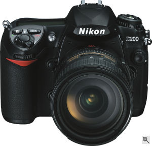 Nikon's D200 digital SLR. Courtesy of Nikon, with modifications by Michael R. Tomkins. Click for a bigger picture!