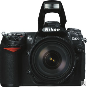 Nikon's D200 digital SLR. Courtesy of Nikon, with modifications by Michael R. Tomkins. Click for a bigger picture!