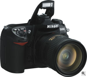 Nikon's D200 digital SLR. Courtesy of Nikon, with modifications by Michael R. Tomkins. Click for a bigger picture!