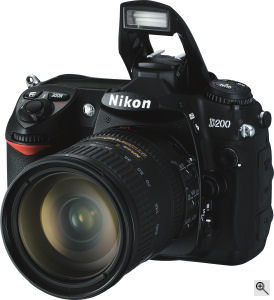 Nikon's D200 digital SLR. Courtesy of Nikon, with modifications by Michael R. Tomkins. Click for a bigger picture!