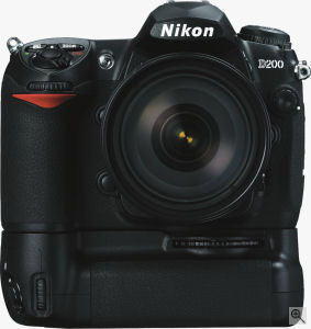 Nikon's D200 digital SLR. Courtesy of Nikon, with modifications by Michael R. Tomkins. Click for a bigger picture!