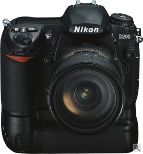 Nikon's D200 digital SLR. Courtesy of Nikon, with modifications by Michael R. Tomkins. Click for a bigger picture!