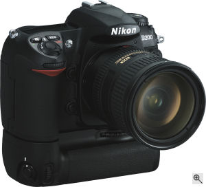 Nikon's D200 digital SLR. Courtesy of Nikon, with modifications by Michael R. Tomkins. Click for a bigger picture!