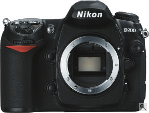 Nikon's D200 digital SLR. Courtesy of Nikon, with modifications by Michael R. Tomkins. Click for a bigger picture!