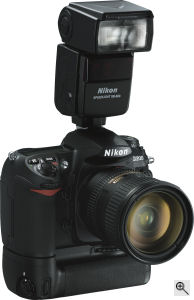 Nikon's D200 digital SLR. Courtesy of Nikon, with modifications by Michael R. Tomkins. Click for a bigger picture!