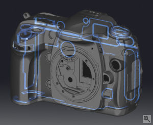 Nikon's D200 digital SLR. Courtesy of Nikon, with modifications by Michael R. Tomkins. Click for a bigger picture!