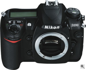 Nikon's D200 digital SLR. Courtesy of Nikon, with modifications by Michael R. Tomkins. Click for a bigger picture!