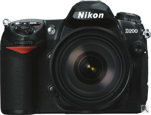 Nikon's D200 digital SLR. Courtesy of Nikon, with modifications by Michael R. Tomkins. Click for a bigger picture!