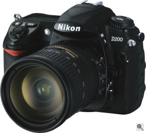 Nikon's D200 digital SLR. Courtesy of Nikon, with modifications by Michael R. Tomkins. Click for a bigger picture!