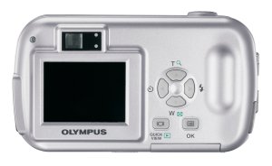 Olympus' D-390 digital camera. Courtesy of Olympus, with modifications by Michael R. Tomkins. Click for a bigger picture!