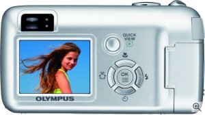 Olympus' Camedia D-580 Zoom digital camera. Courtesy of Olympus, with modifications by Michael R. Tomkins. Click for a bigger picture!
