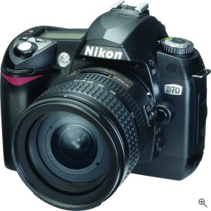 Nikon's D70 digital SLR. Courtesy of Nikon, with modifications by Michael R. Tomkins. Click for a bigger picture!