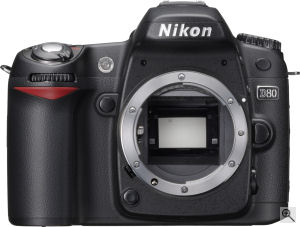 Nikon's D80 digital SLR. Courtesy of Nikon, with modifications by Michael R. Tomkins. Click for a bigger picture!