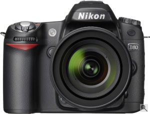 Nikon's D80 digital SLR. Courtesy of Nikon, with modifications by Michael R. Tomkins. Click for a bigger picture!
