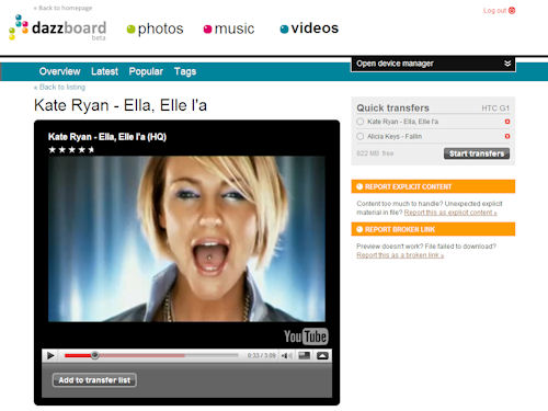 Copying two YouTube videos to the HTC G1 mobile phone using Dazzboard. Screenshot provided by LinkoTec OY. Click for a bigger picture!