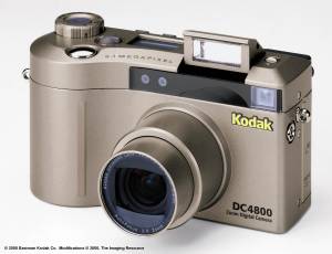 Kodak's new DC4800 Zoom digital camera, front view with flash and zoom extended - click for a bigger picture!