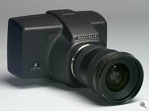 Hasselblad/Foveon's Dfinity digital camera, front right quarter view. Courtesy of Victor Hasselblad AB - click for a bigger picture!