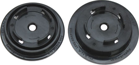 Nikon F mount (left) and Canon EF mount (right) adaptors for Diana F+ lenses Photo provided by Lomographische AG