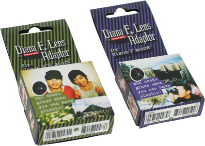 Packaging for the Canon (left) and Nikon (right) Diana F+ lens adaptors. Photo provided by Lomographische AG