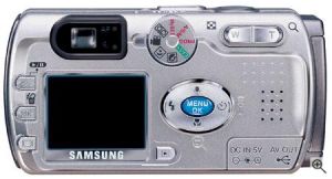 Samsung's Digimax V4 digital camera. Courtesy of Samsung, with modifications by Michael R. Tomkins. Click for a bigger picture!