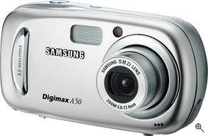 Samsung's Digimax A50 digital camera. Courtesy of Samsung, with modifications by Michael R. Tomkins. Click for a bigger picture!